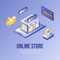 Digital isometric design concept set of online store app 3d icons.Isometric business finance symbols-store shop,bank Royalty Free Stock Photo