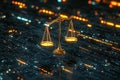 Digital Justice Scales Floating Over Circuit Board in Collaborative Environment Royalty Free Stock Photo