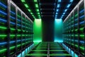 Digital Justice: Scales of Justice Hovering Before a Vast Array of Server Racks Glowing with Blue and Green LED Lights