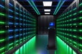 Digital Justice: Scales of Justice Hovering Before a Vast Array of Server Racks Glowing with Blue and Green LED Lights