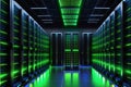 Digital Justice: Scales of Justice Hovering Before a Vast Array of Server Racks Glowing with Blue and Green LED Lights