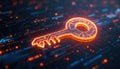 Digital key floats over binary code. Glowing data lock secures cyber world. Binary stream transmits encrypted information. Secure Royalty Free Stock Photo