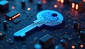 Digital key illustration on circuit board cyber security. Futuristic tech visualizes encryption, access control. Concept Royalty Free Stock Photo