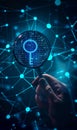 digital key under magnification glass for privacy and security protect, technology and information safety, cyberspace Royalty Free Stock Photo