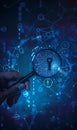 digital key under magnification glass for privacy and security protect, technology and information safety, cyberspace Royalty Free Stock Photo