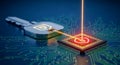 A digital key unlocks a microchip, symbolizing cyber security. Royalty Free Stock Photo