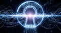 Digital keyhole glowing with bright light, surrounded by abstract binary code and waveforms, representing cybersecurity and data Royalty Free Stock Photo