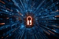 A digital keyhole surrounded by vibrant data streams, symbolizing security and encryption in a technological world