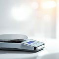 Digital kitchen scale placed on a glossy white surface. It has a round stainless steel Royalty Free Stock Photo