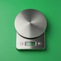 A digital kitchen scale with a sleek, stainless steel circular weighing surface and a Royalty Free Stock Photo