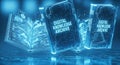 Digital Knowledge Archive Concept Glowing Blue Futuristic Books Floating Open With Data Streams And Circuit Board Background Royalty Free Stock Photo
