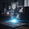Digital Knowledge Hub and Business Analytics Projected from a Laptop: Illustrating Future Strategy, Growth, and Data Analysis Royalty Free Stock Photo