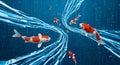 Digital Koi Fish Swim Through Binary Code Streams in Futuristic Underwater World Royalty Free Stock Photo