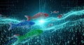 Digital Koi Fish Swimming Through Binary Code Data Stream, Futuristic Technology Royalty Free Stock Photo