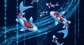 Digital Koi Fish Swimming Through Binary Code Data Stream, Futuristic Technology Royalty Free Stock Photo