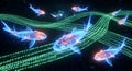 Digital Koi Fish Swimming Through Binary Code Streams, Futuristic Technology Concept Royalty Free Stock Photo