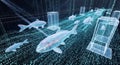 Digital Koi Fish Swimming in Binary Data Stream, Futuristic Cyberpunk Ecosystem Royalty Free Stock Photo