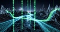 Digital Landscape of Binary Code Flowing Through Futuristic Circuit Board Mountains Royalty Free Stock Photo
