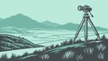 Digital landscape Camera on tripod capturing nature with geometric overlay. vector design Generative AI Royalty Free Stock Photo