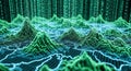 Digital Landscape Data Visualization Abstract 3D Terrain with Binary Code Rain Royalty Free Stock Photo