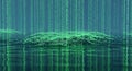 Digital landscape with falling green binary code reflecting on water Royalty Free Stock Photo