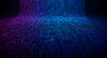 A digital landscape features cascading streams of tiny luminous dots in a gradient of