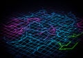 A digital landscape features a grid with neon lines in pink, blue, and green. These Royalty Free Stock Photo