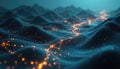 Digital landscape featuring flowing binary code rivers across mountain ranges. Futuristic digital mountains, valleys, binary code Royalty Free Stock Photo