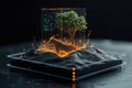 A digital landscape featuring a glowing tree and cow within a futuristic framework blending nature and technology Royalty Free Stock Photo