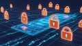 Digital landscape with glowing blue circuit-like lines forming a grid, featuring multiple translucent orange padlocks Royalty Free Stock Photo