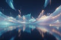 Digital landscape of glowing blue and golden pixelated waves reflected in dark water, a futuristic data visualization Royalty Free Stock Photo