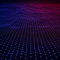 A digital landscape with a grid pattern of blue and red lights forming triangular shapes. Royalty Free Stock Photo