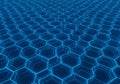 A digital landscape of interconnected neon blue hexagons extends infinitely, creating a futuristic Royalty Free Stock Photo