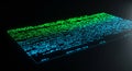 A digital landscape with lines of green and blue code arranged diagonally across a Royalty Free Stock Photo