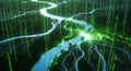 Digital Landscape Matrix Code Streams Flowing Through a Futuristic River Network Royalty Free Stock Photo