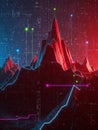 Digital Landscape of Red and Blue Mountain Peaks with Glowing Data Lines and Chart Indicators image Royalty Free Stock Photo