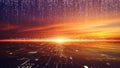 Digital landscape at sunset with glowing circuit board patterns and falling binary code technology Royalty Free Stock Photo