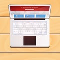 Digital laptop computer device with Landing Page screen on wooden table background Royalty Free Stock Photo