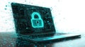 Digital laptop holographic security lock floating in cyberspace futuristic encryption technology cyber protection concept