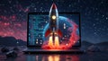 Digital Launchpad: Rocket Launching from Laptop with Code Royalty Free Stock Photo