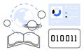 Digital Learning and Space Exploration Concept with Planet, Open Book, Binary Code, and Data Visualization Royalty Free Stock Photo