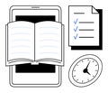 Digital Learning Concept with Open Book, Checklist, and Time Management Royalty Free Stock Photo