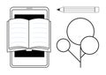 Digital learning concept with open book on tablet, pencil, and abstract tree structure Royalty Free Stock Photo