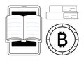 Digital Learning Concept with Tablet, Open Book, Books, and Bitcoin Symbol