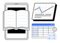 Digital Learning and Data Management Concept with Open Ebook, Graph, and Spreadsheet Icons Royalty Free Stock Photo