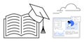 Digital Learning and Education Concept with Book, Graduation Cap, and Data Analytics Display Royalty Free Stock Photo
