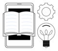 Digital Learning and Innovation with Mobile Device, Book, Light Bulb, and Gear Icon Royalty Free Stock Photo