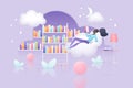 Digital library, bookstore and online education, tiny woman lying on cloud, reading book