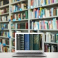 Digital library concept. Modern laptop on table Royalty Free Stock Photo