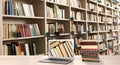 Digital library. Modern laptop on table and shelves with books indoors